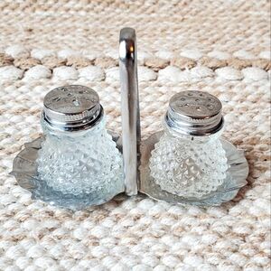 Vintage Diamond Cut Glass Mini Salt and Pepper Shakers with Carrying Tray